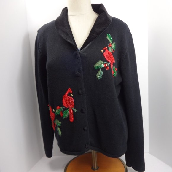 Black w Cardinal Holiday Sweater Size Large Velvet Collar Party Sequins - Picture 1 of 7